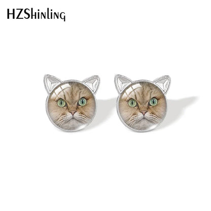 Lovely Cat Face Stud Earrings | Handmade Glass Dome Photo Printed Jewelry for Women