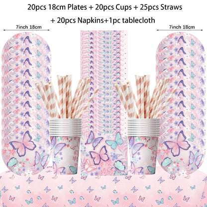 Butterfly Fairy Birthday Party Tableware Set – Pink Disposable Plates, Cups, Napkins & Tablecloth | Girls Party Decorations & Supplies