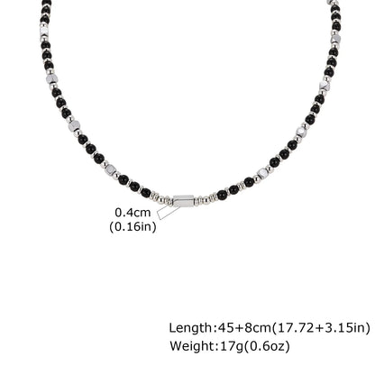 Trendy Men's Natural Stone Beaded Necklace | Classic Stainless Steel Metal Bead Choker