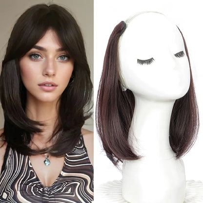 20/30cm Synthetic Straight Hair Extension with 4 Clips | V-Shaped Half Head Invisible Hairpiece