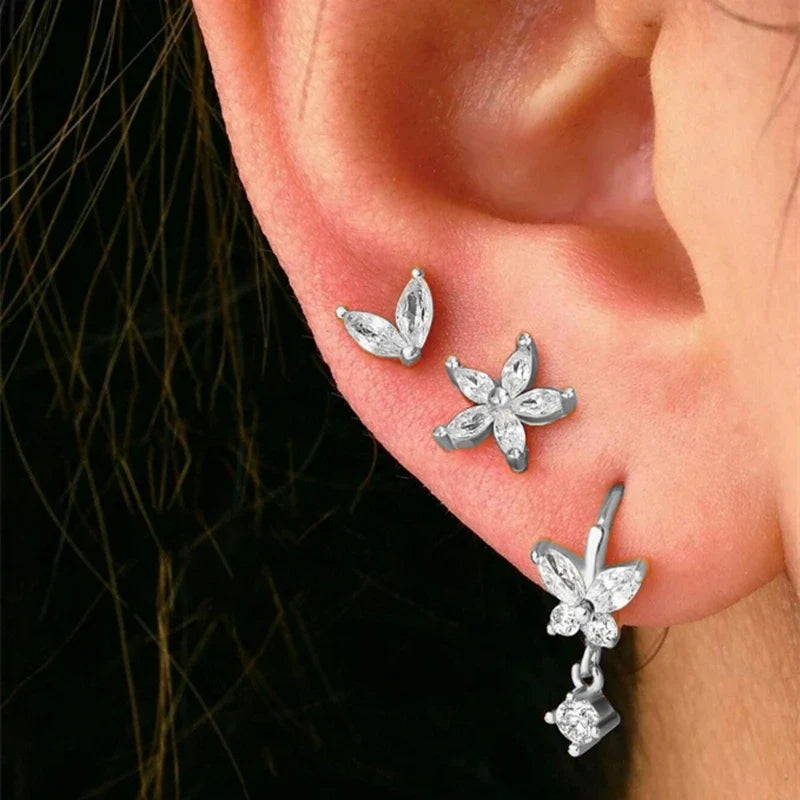 Gold Circle Hoop Earrings Set | Stainless Steel Zircon Flower Stud Jewelry