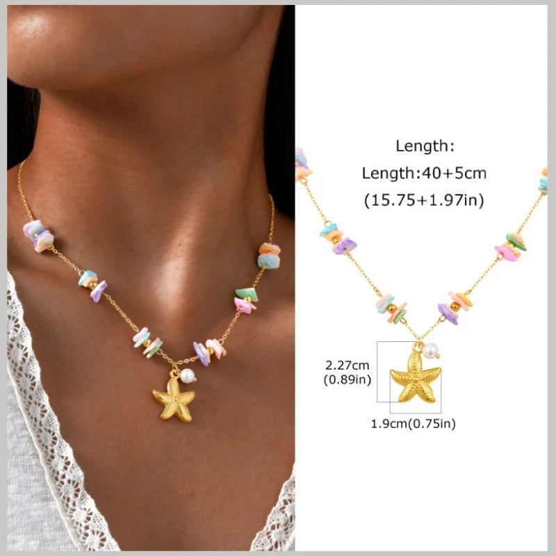 18k Gold Plated Pearl Shell Starfish Necklace | Summer Beach Jewelry for Women