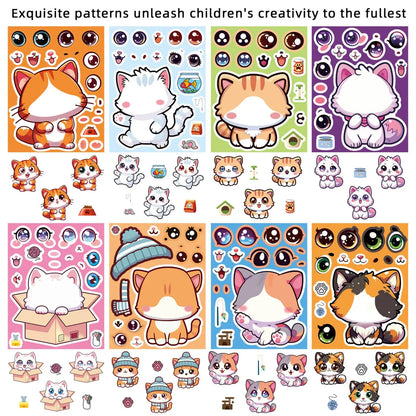 8 Pcs Cute Kitten Dress-Up Stickers for Kids | Cartoon Puzzle Toy and Waterproof Notebook Decor