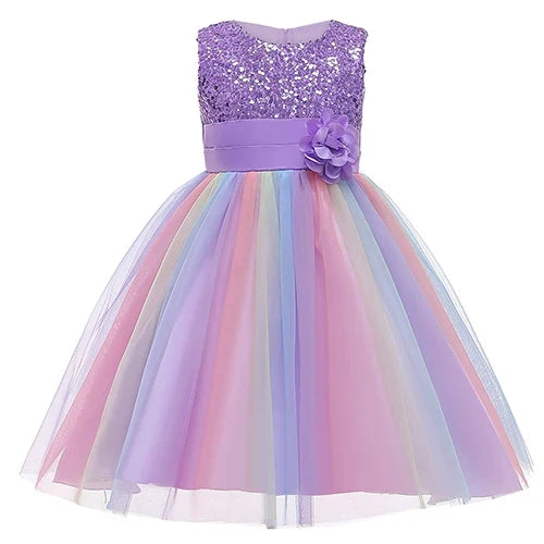 Sequins Girls Dress Summer Flower Fashion Rainbow Mesh Little Princess Dresses