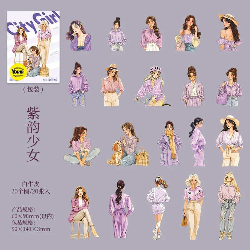 20pcs Fashion Girl Wear Stickers Set | Trendy Character Decals for Laptop Scrapbooking Diary DIY Collage Junk Journal