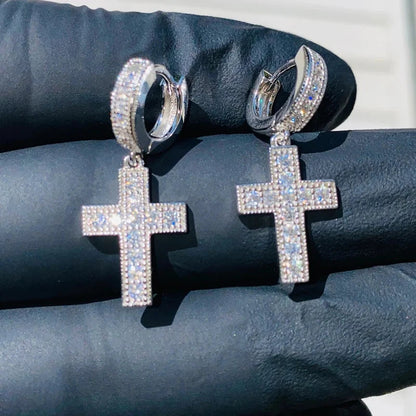 Huitan Cross Pendant Drop Earrings | Unisex Hip Hop Jewelry with Bright Zirconia