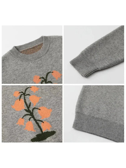 O-Neck Floral Cashmere Sweater Warm Winter Jumper