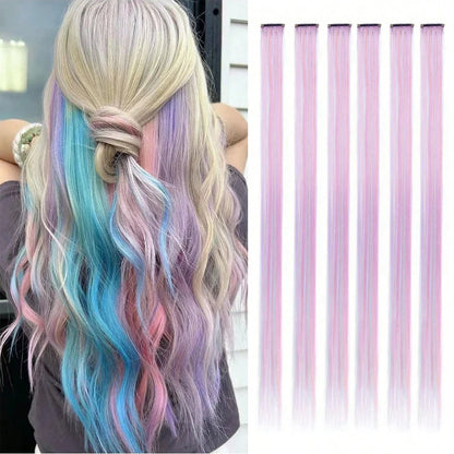 Clip in Hair Extensions 6pcs/pack Colored Party Highlights 22 inches Multi-colors Straight Hair Synthetic Hairpieces Purple Pink