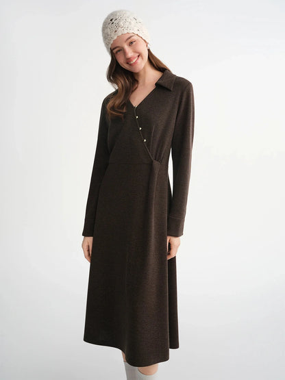 Women’s V-Neck Slant Placket Knitted Dress Retro Winter Style