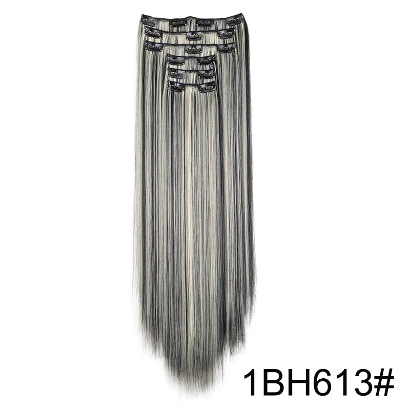 Synthetic 24 Inch Clip In Hair Extensions | Long Straight Blonde Black Heat Resistant Daily Use