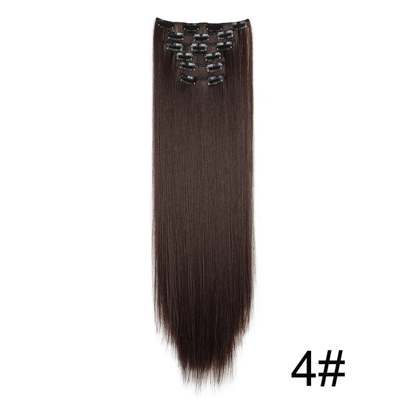 Synthetic 24 Inch Clip In Hair Extensions | Long Straight Blonde Black Heat Resistant Daily Use