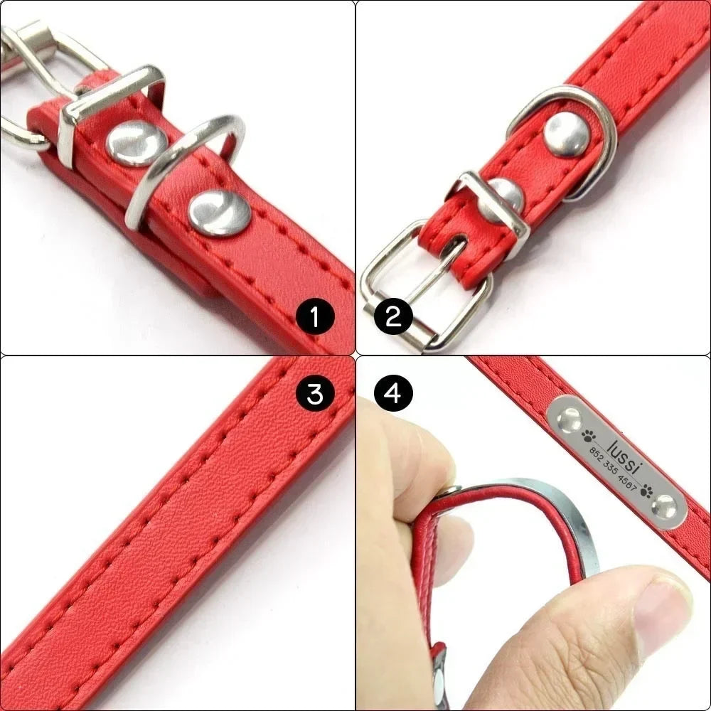 Personalized Dog Collar with Name Engraving – Anti-Lost PU Leather Collar for Dogs and Cats