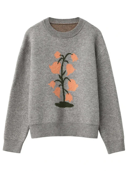 O-Neck Floral Cashmere Sweater Warm Winter Jumper