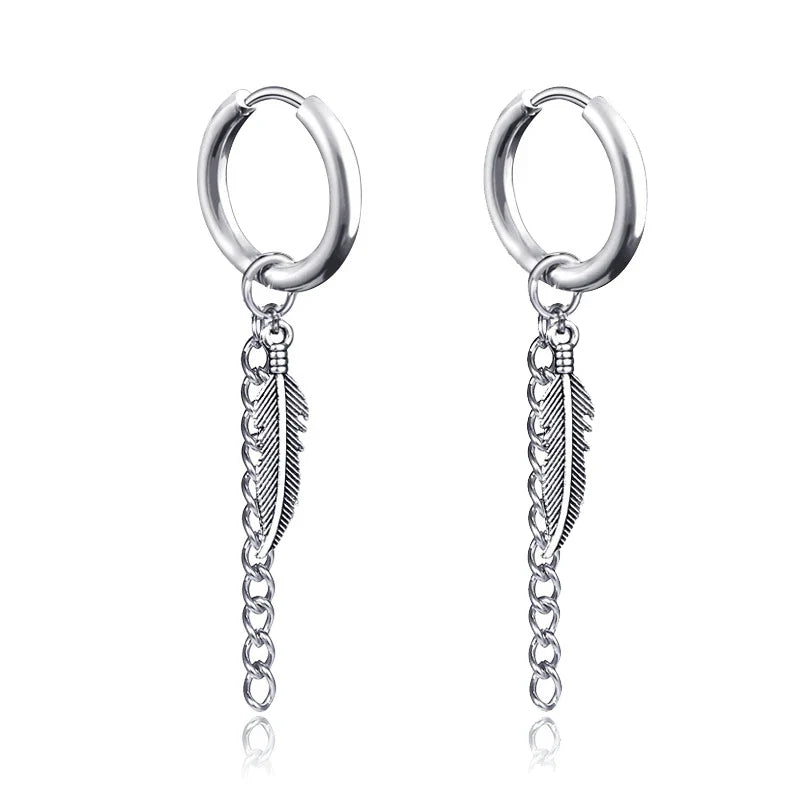 2pc Punk Cross Feather Stud Earrings | Unisex Stainless Steel Hoop Earrings