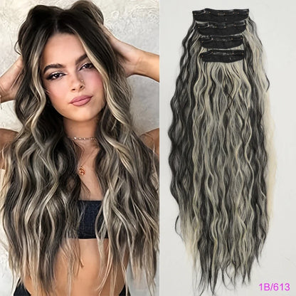 Voluminous Brown-Blonde Clip-In Extensions: 60.96 cm Wavy & Curly Synthetic Hair Set