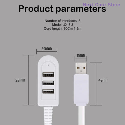 1.2M USB Cable Extension Hub | 3-Port Multi-Charging Splitter
