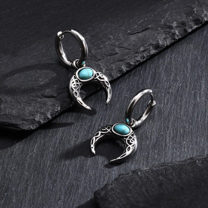 Vintage Moon Earrings for Men | Green Stone Stainless Steel Hoop Jewelry