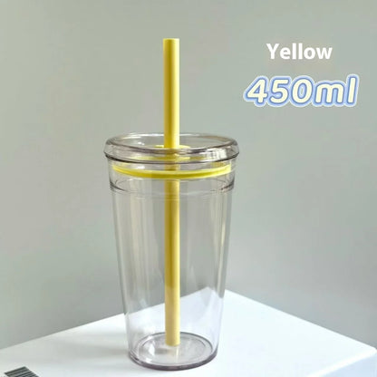450ml Korean Style Straw Cup | Transparent Multi-Color Plastic Coffee Cup