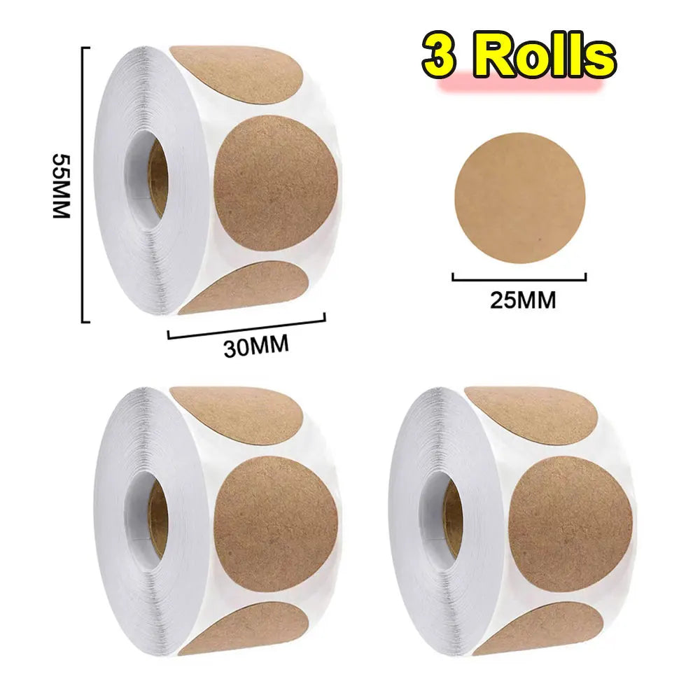 Kraft Self-Adhesive Label Paper Stickers | 500pcs Round Roll for Organization