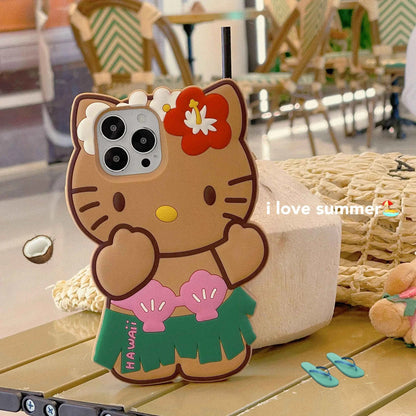 Kawaii Hello Kitty Phone Case For iPhone 17 16 15 14 13 12 11 Pro Max Plus 17 Pro Hawaiian Hula Skirt Kitty Silicone Phone Cover