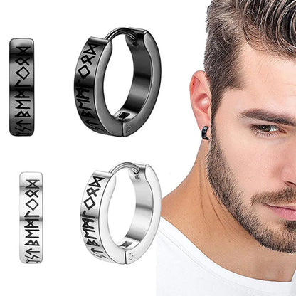 1Pair 12mm Norwegian Viking Rune Hoop Earrings | 316L Stainless Steel Huggie Hoop Earrings for Men and Women