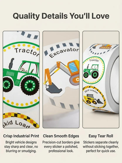 1 Roll (500 Stickers) Cartoon Engineering Vehicle Sticker Set | Teacher Reward Labels