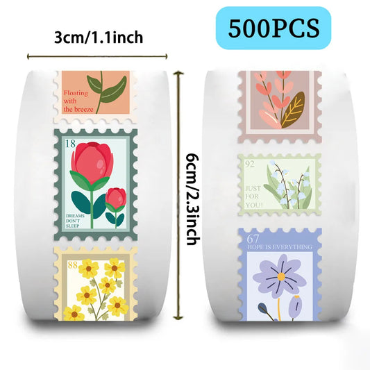 500Pcs Roll Floral Stamp Washi Tape | Vintage Postage Decor for Journaling