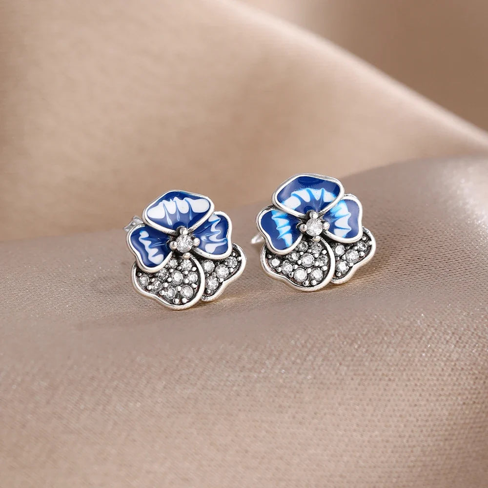 2026 New Fashion Hoop Earrings Set for Women | Ginkgo Leaf Enamel Flower Stud, Cute Crown Heart Zircon Earrings