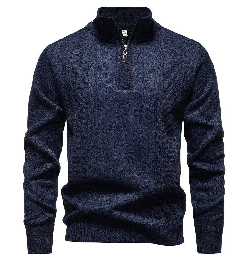 Winter Fleece-Lined Stand Collar Half-Zip Pullover Knitted Sweater for Men,Multi-Color Versatile Casual  Men's Knit Sweater