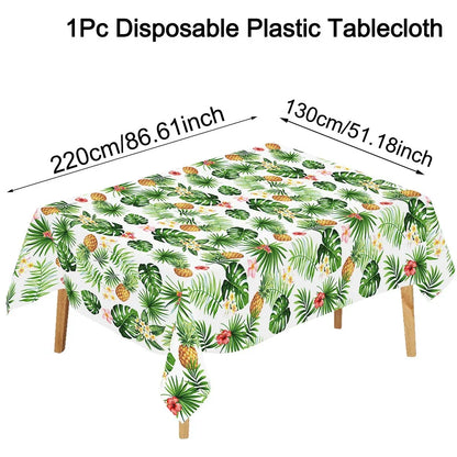 Tropical Hawaiian Party Tablecloth and Flamingo Decor Set | Plastic Table Runner and Candy Bags