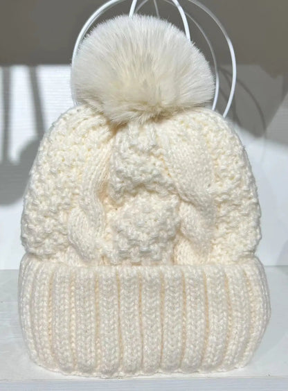 New Winter Twist Knitting Hat For Women Fur Pompom Thick Plush Cap Beanie Solid Color Ladies Warm Ski Snow Skullies Beanies