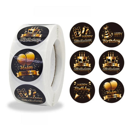 100-500pcs Black Gold Happy Birthday Stickers | Round Party Stickers for Gift Bags and Cards