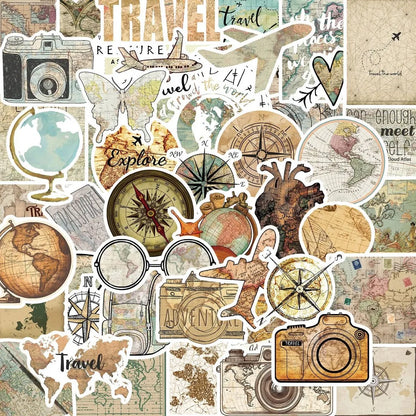 50 Pcs Travel Clock Map Graffiti Stickers | Waterproof Decals for Bike Laptop Pencil Case