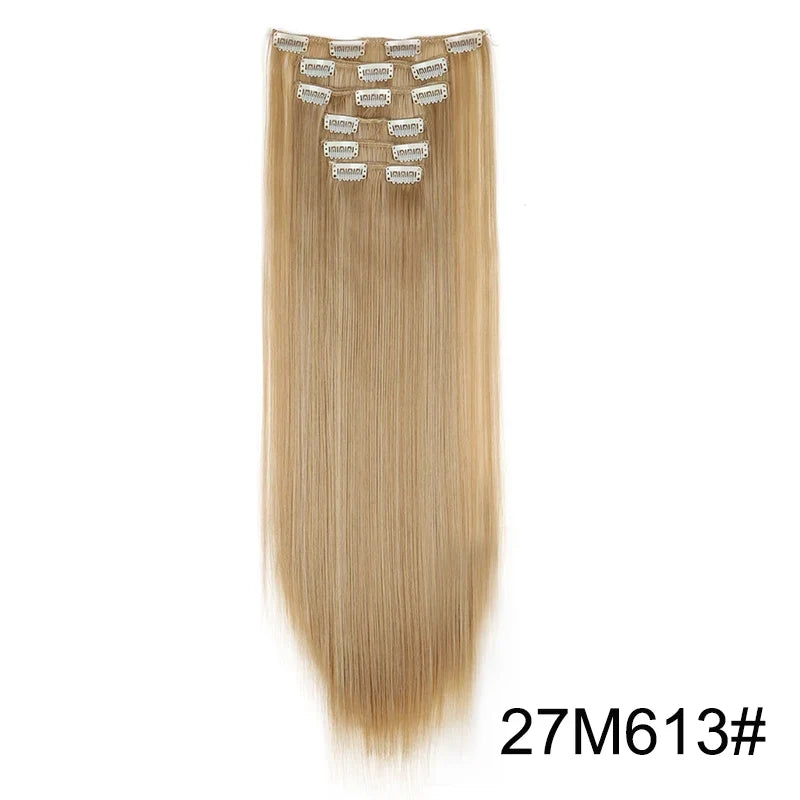Synthetic 24 Inch Clip In Hair Extensions | Long Straight Blonde Black Heat Resistant Daily Use