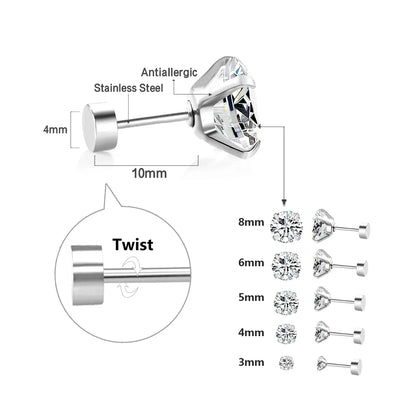 Surgical Steel Cubic Zirconia Stud Earrings | Unisex Screw-Back Earrings