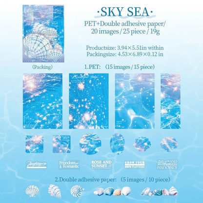 25 Sheets Blue Ocean Theme Dual Texture Sticker Pack | Scrapbook and Journal Decor Set