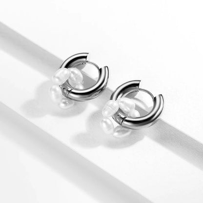 Trendy Asymmetry Pearl Drop Earrings | Stainless Steel Huggie Hoops for Women