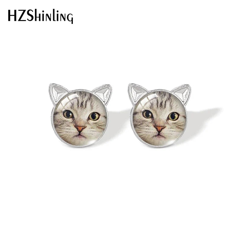 Lovely Cat Face Stud Earrings | Handmade Glass Dome Photo Printed Jewelry for Women