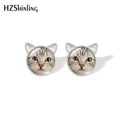 Lovely Cat Face Stud Earrings | Handmade Glass Dome Photo Printed Jewelry for Women