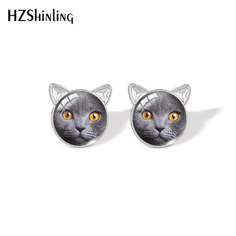 Lovely Cat Face Stud Earrings | Handmade Glass Dome Photo Printed Jewelry for Women