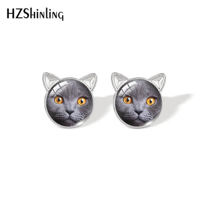 Lovely Cat Face Stud Earrings | Handmade Glass Dome Photo Printed Jewelry for Women