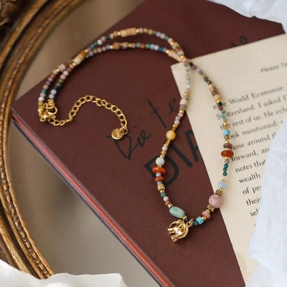 French Retro Natural Stone Pendant Necklace | Elegant Elephant Jewelry for Women