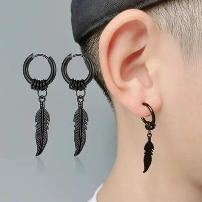 2pc Punk Cross Feather Stud Earrings | Unisex Stainless Steel Hoop Earrings