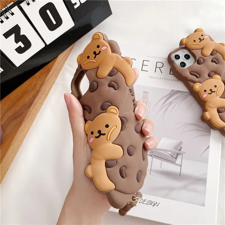 Cute Cartoon Cookie Bear Lanyard Phone Case For iPhone 16 15 14 13 12 11 Pro Max X XR XS 6 7 8 Plus Shockproof Protective Cover