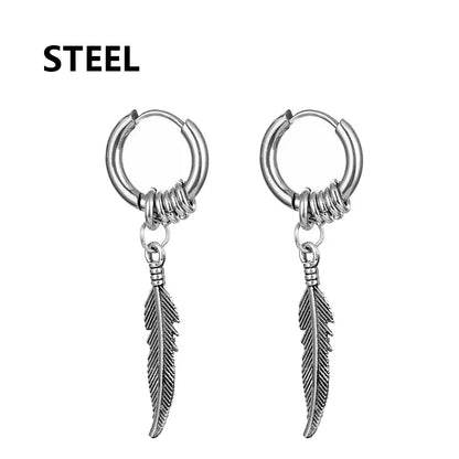 2pc Punk Cross Feather Stud Earrings | Unisex Stainless Steel Hoop Earrings