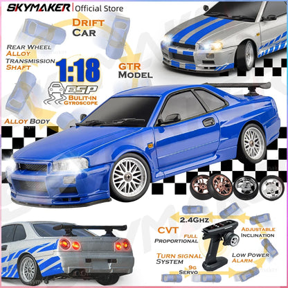 Skymaker LDRC 1/18 RC Drift Car LD1899 GTR Mode R34 2.4GHz RWD with Gyroscope on-Road Alloy Body Shell Racing Car for Boys Gifts