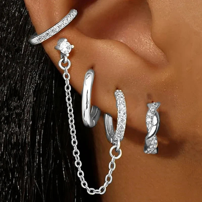 4PC Chain Huggie Earring Set | Flower Tragus Hoop Earrings for Women
