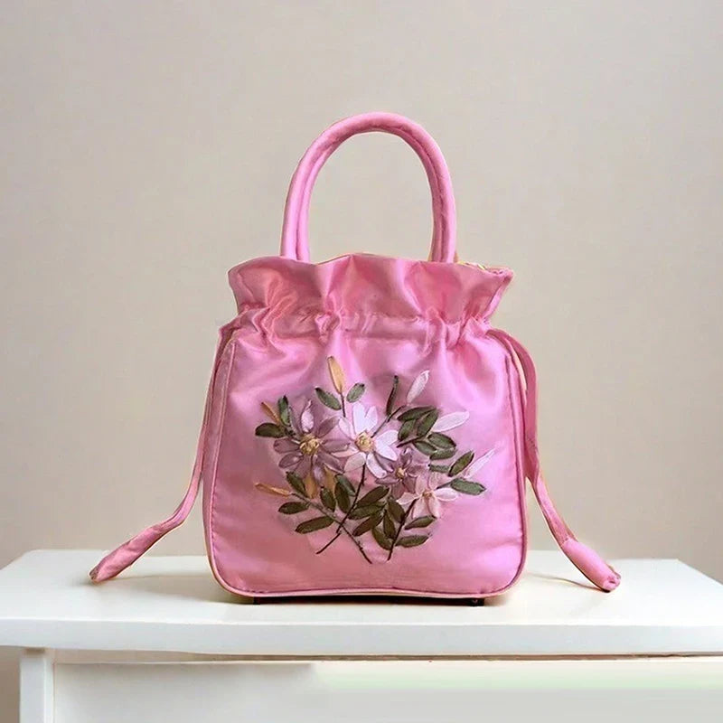 ZTBBAO Embroidered Flower Bucket Bag | Small Top Handle Handbag for Women