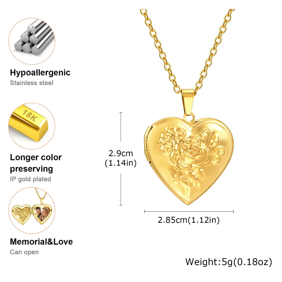 Gold Heart Locket Necklace with Photo Frame | Stainless Steel Jewelry for Women