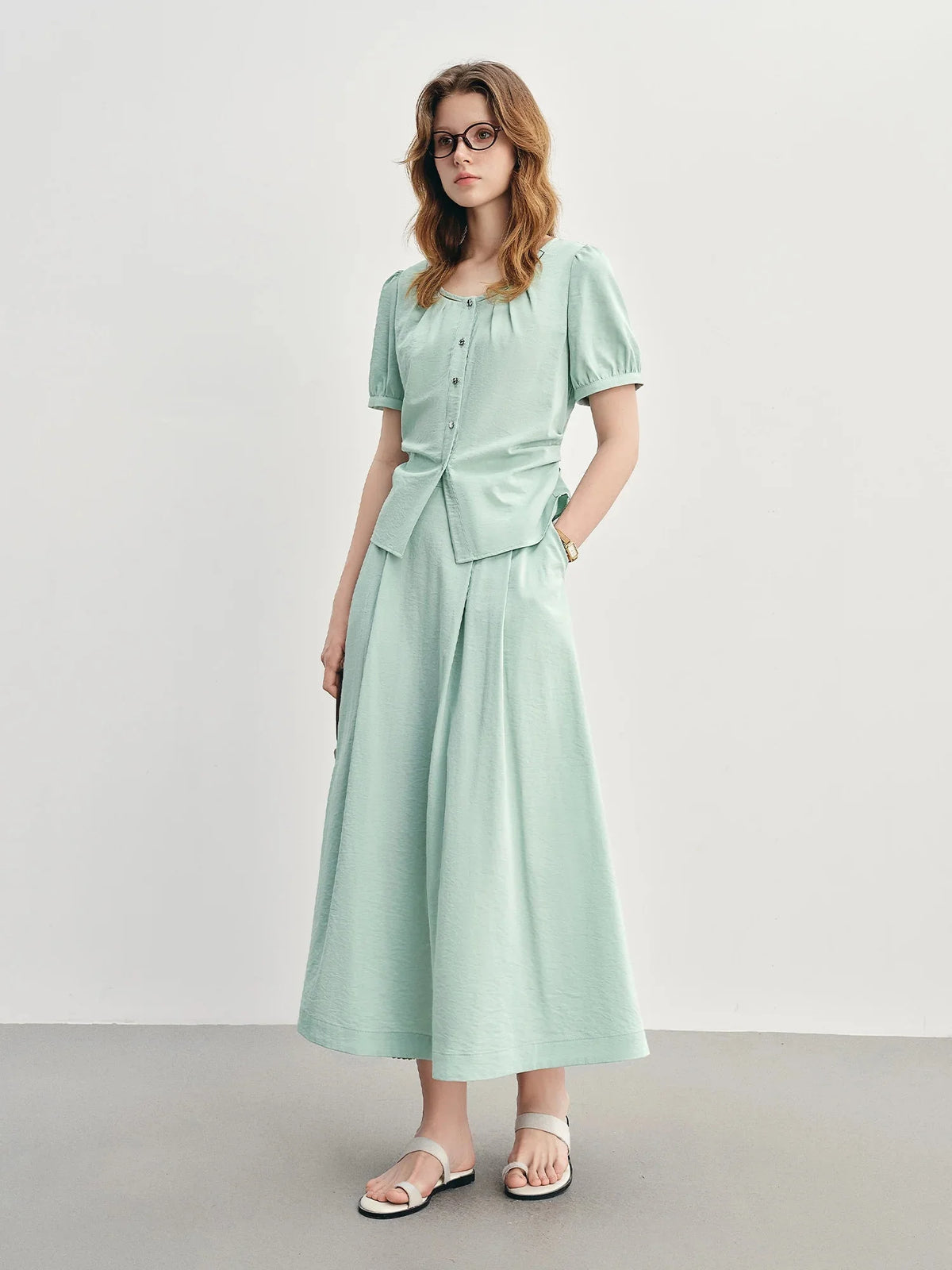 Summer Commuter Suit Pleated Shirt & Slim Skirt Set